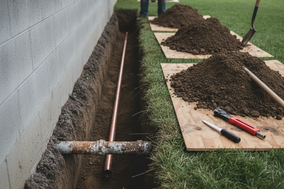 Excavated water line trench during Sewer Line Repair in Nicholasville